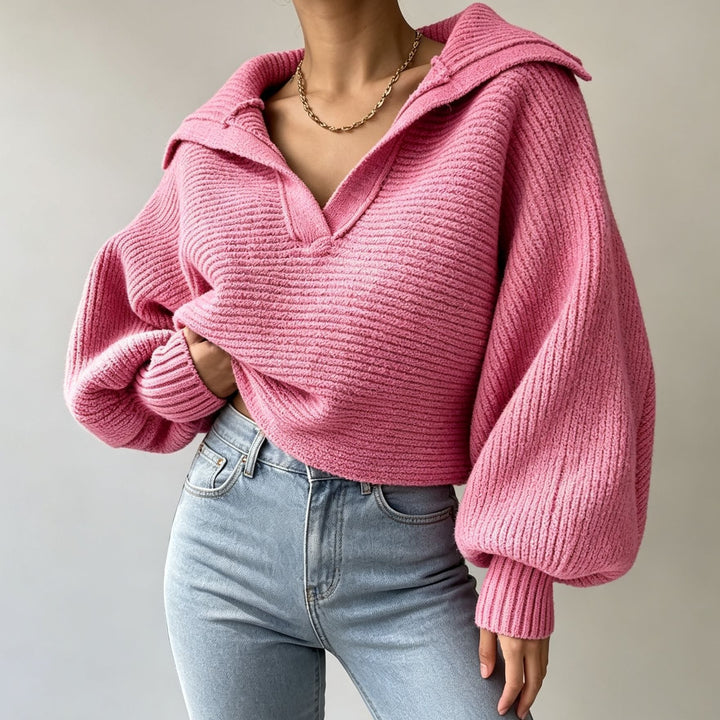 Women's Oversized Knit Sweater with Sailor Collar and Deep V-Neck Mune Fashion
