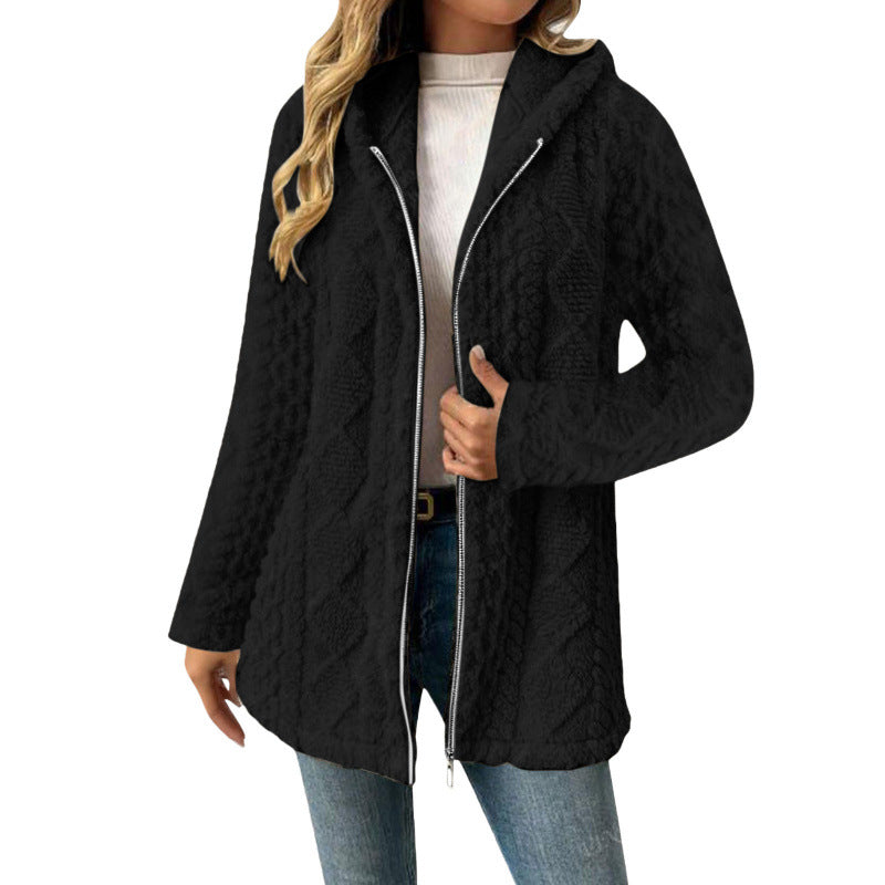 Women's Hooded Sherpa Jacket with Cable Pattern, Medium Length and Two-Way Zipper Mune Fashion