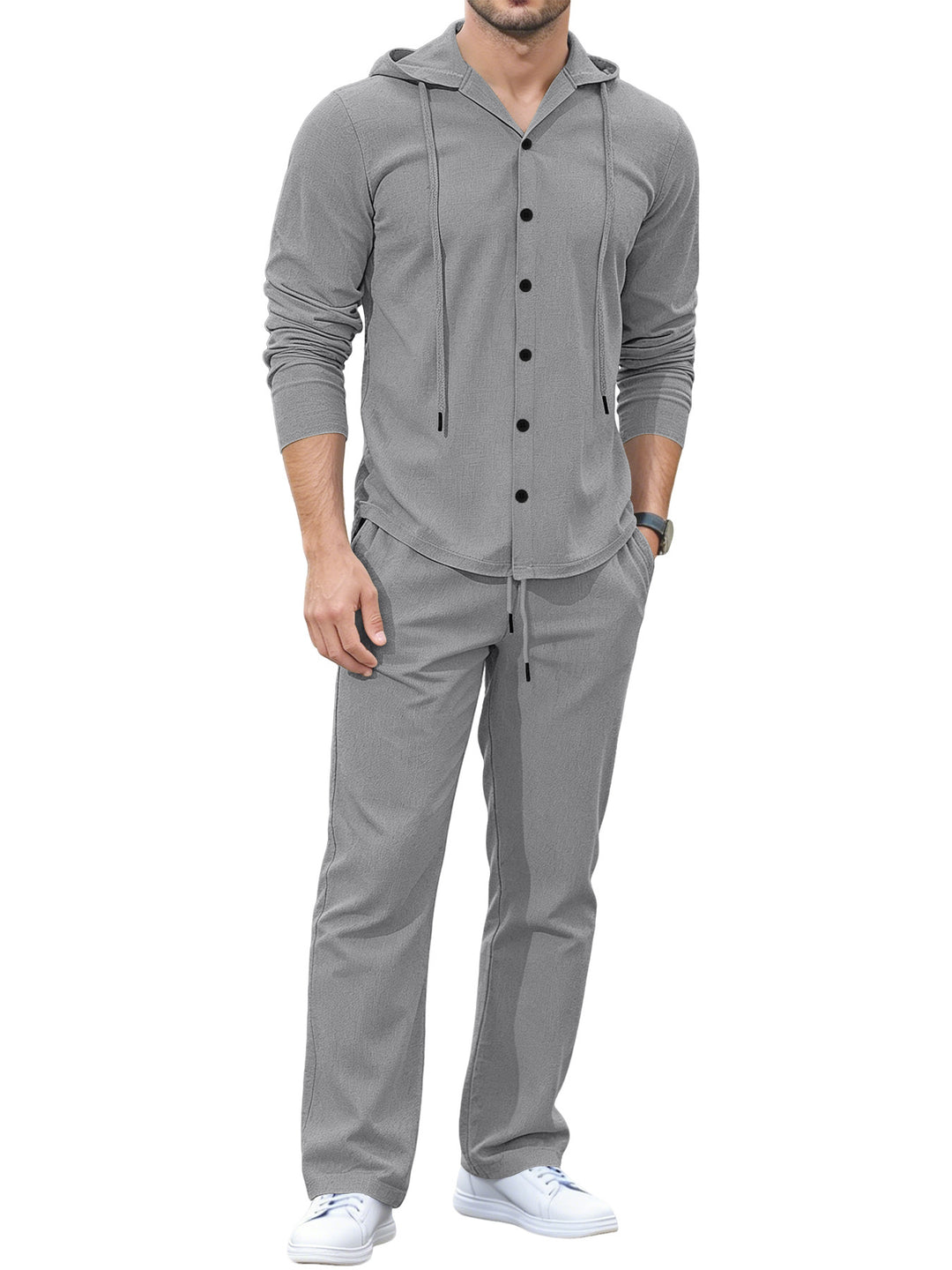 Men's Casual Button Hoodie Lounge Set made of Jersey with Drawstring and Comfort Jogger Mune Fashion
