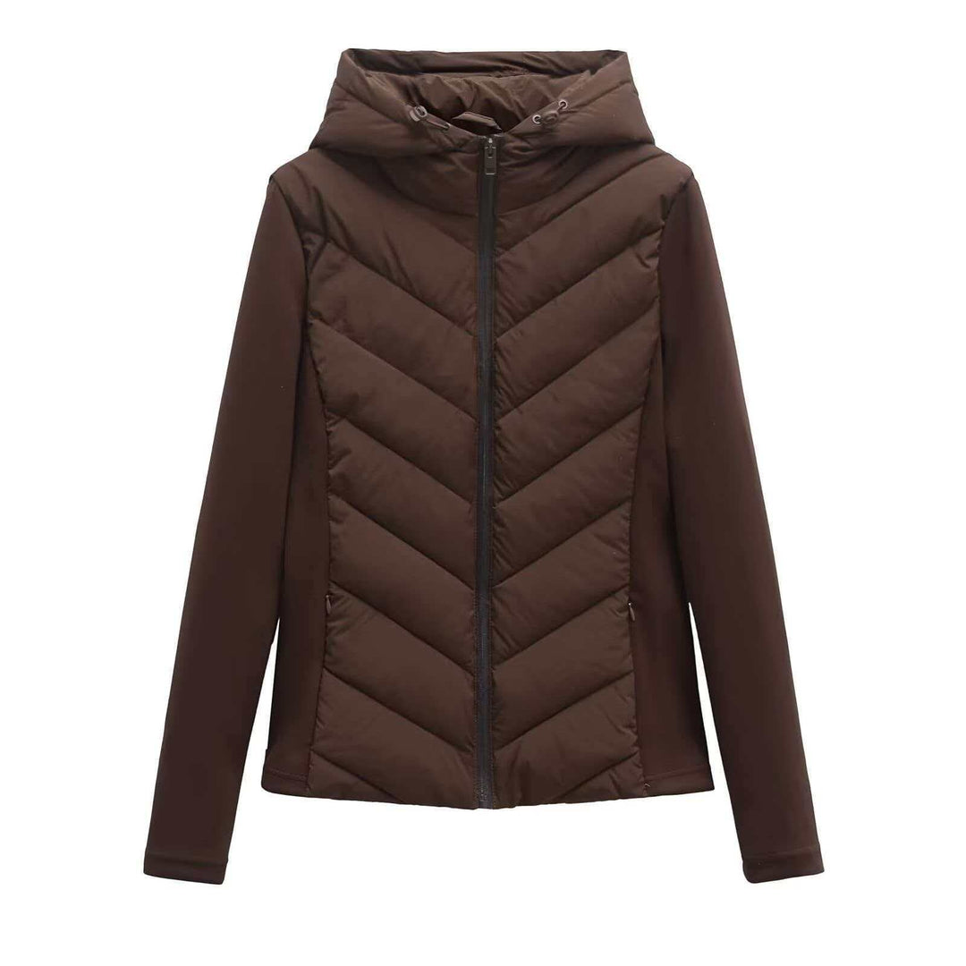 Women's quilted hooded jacket with chevron quilting, softshell inserts, and concealed zipper Mune Fashion