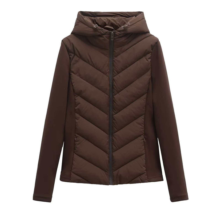 Women's quilted hooded jacket with chevron quilting, softshell inserts, and concealed zipper Mune Fashion