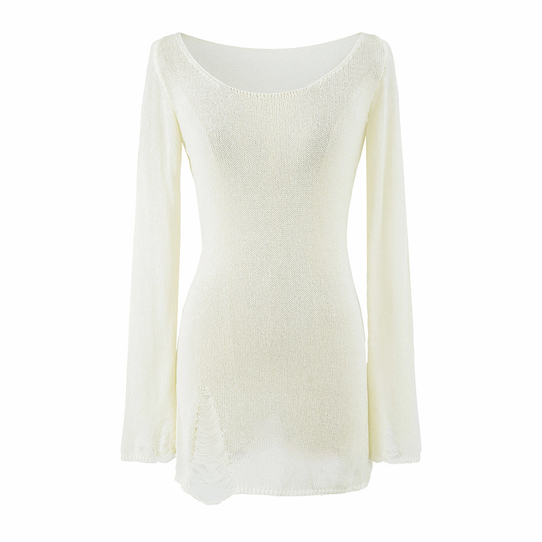 Women's fine knit tunic with bateau neckline, figure-hugging and bell sleeves Mune Fashion