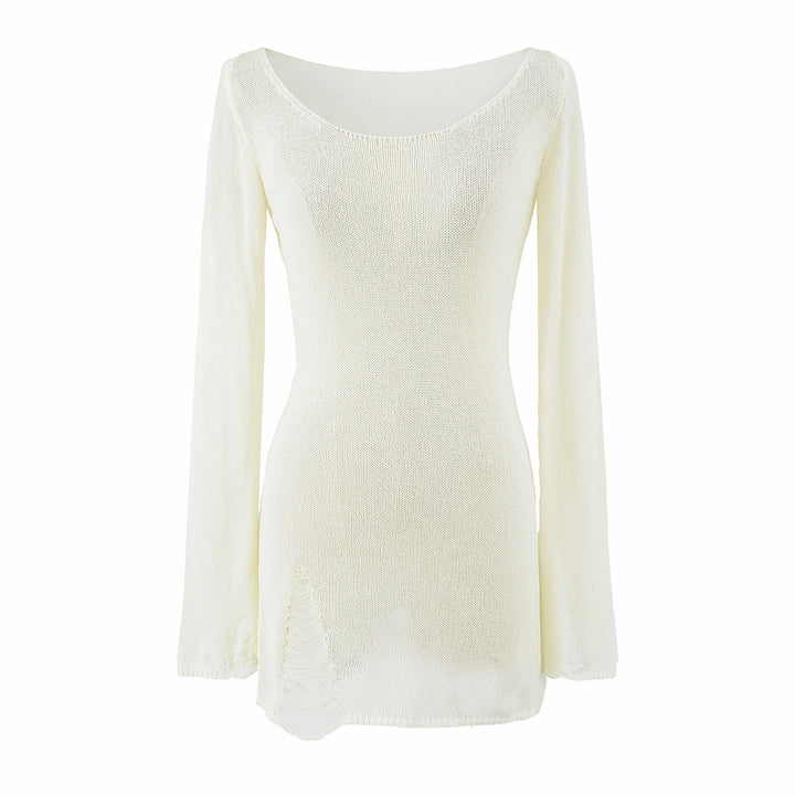 Women's fine knit tunic with bateau neckline, figure-hugging and bell sleeves Mune Fashion
