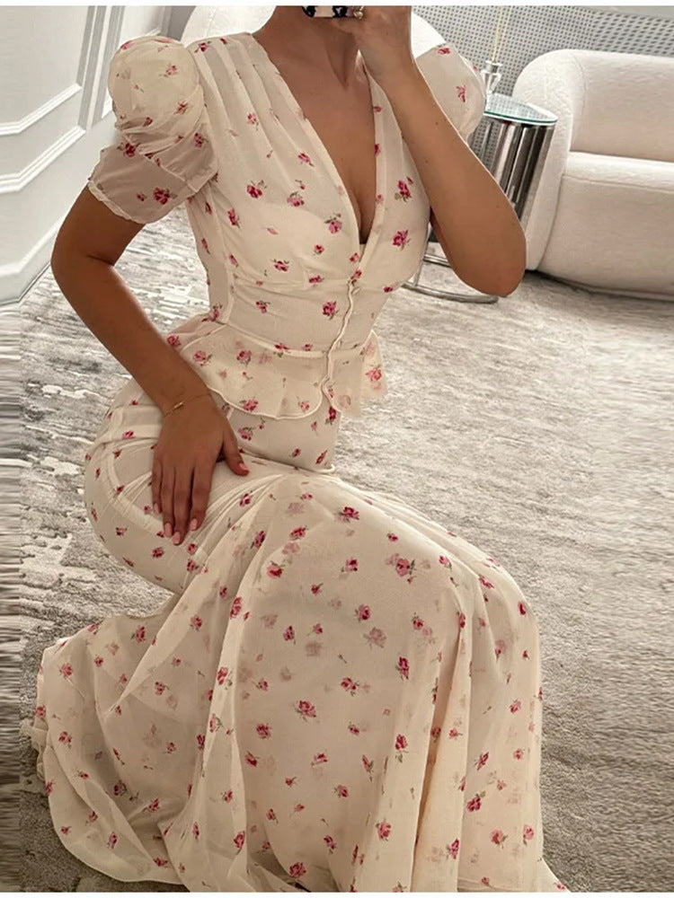 Women's Floral Satin Midi Dress with Deep V-Neck, Puff Sleeves, and Tailored Gathering Mune Fashion