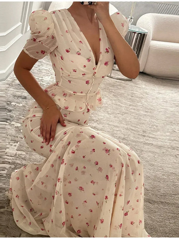 Women's Floral Satin Midi Dress with Deep V-Neck, Puff Sleeves, and Tailored Gathering Mune Fashion