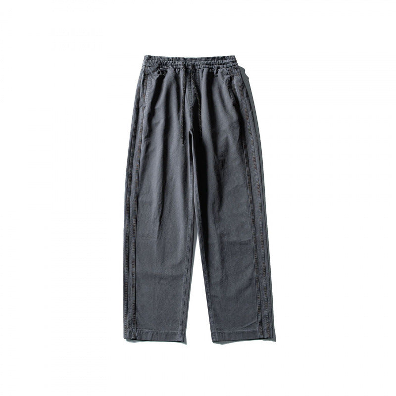 Men's Wide Straight-Leg Cotton Pants with Elastic Tunnel Drawstring and Decorative Side Seams Mune Fashion