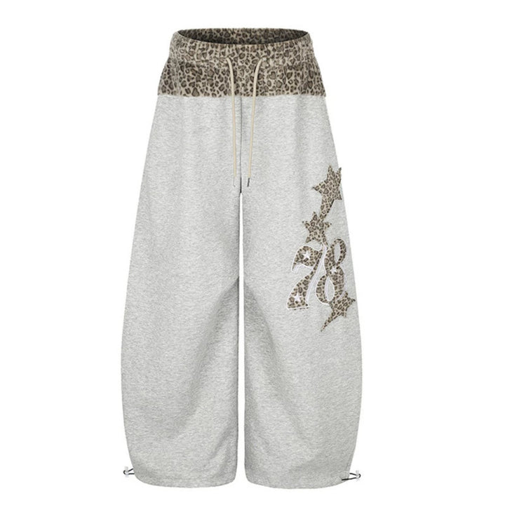 Women Extra Wide Palazzo Lounge Pants with High Comfort Waistband, Leopard Print Band and Decorative Star Number Appliqué Mune Fashion