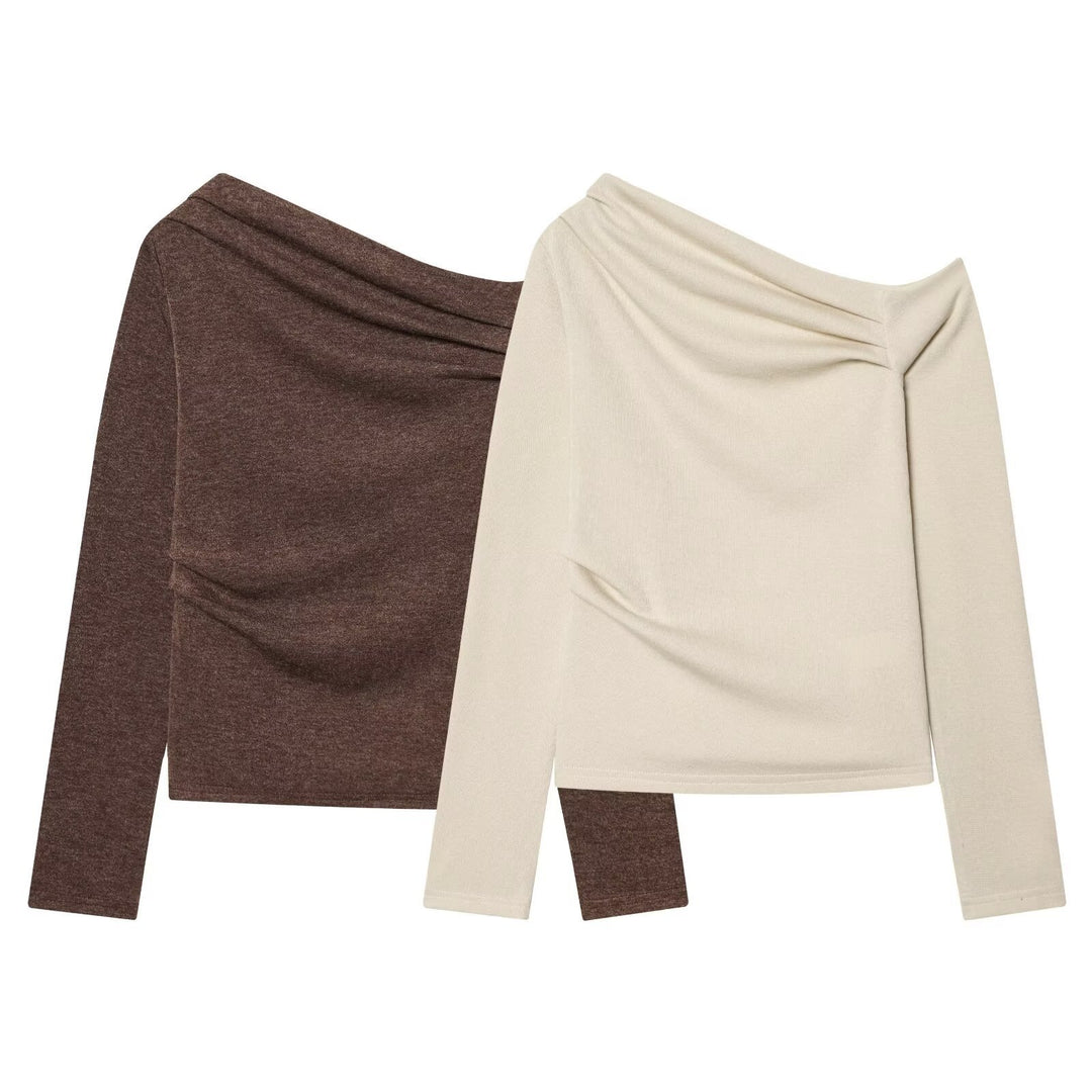 Women Off-Shoulder Fine Knit Long Sleeve with Draped Waterfall Collar Mune Fashion