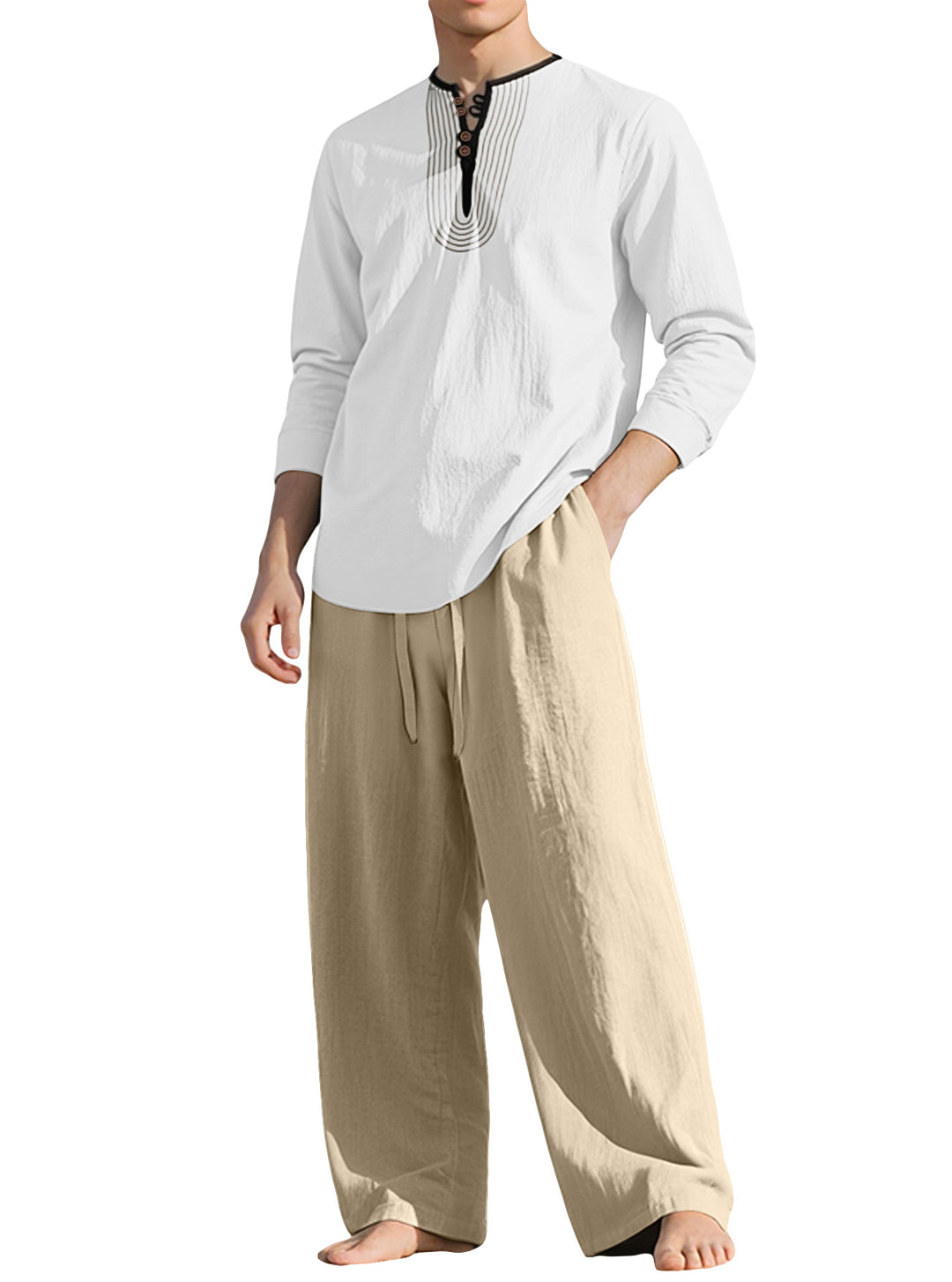 Men's tunic and Palazzo pants set with Henley placket, decorative embroidery and wide cut Mune Fashion