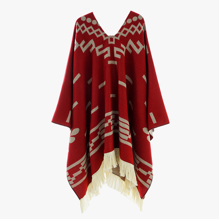Women's Oversize Poncho in Boho Style with V-neck, Jacquard Pattern and Long Fringes Mune Fashion