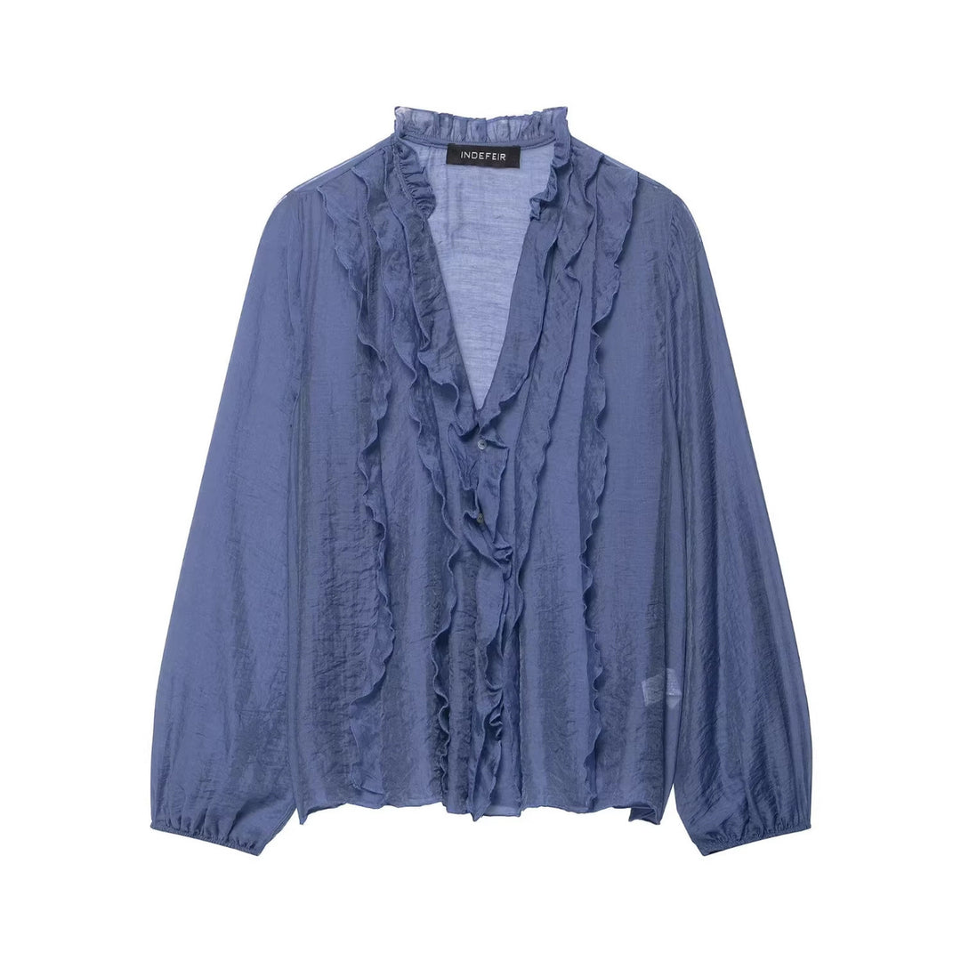 Ladies Transparent Crinkle Blouse with Ruffle Collar, Ruffled Front and Balloon Sleeves Mune Fashion