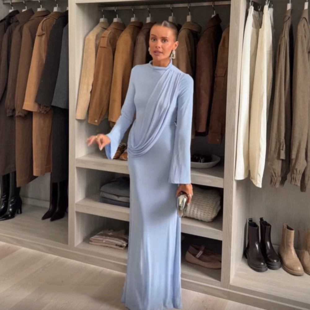 Women's Maxi Dress with Draped Front, Stand Collar and Bell Sleeves Mune Fashion
