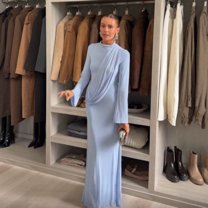 Women's Maxi Dress with Draped Front, Stand Collar and Bell Sleeves Mune Fashion