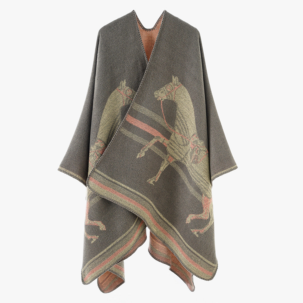 Women's poncho-cape made of wool blend with woven horse jacquard and contrasting piping Mune Fashion