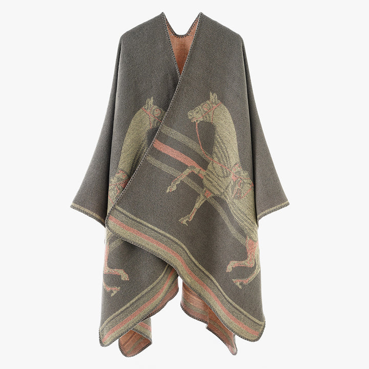 Women's poncho-cape made of wool blend with woven horse jacquard and contrasting piping Mune Fashion