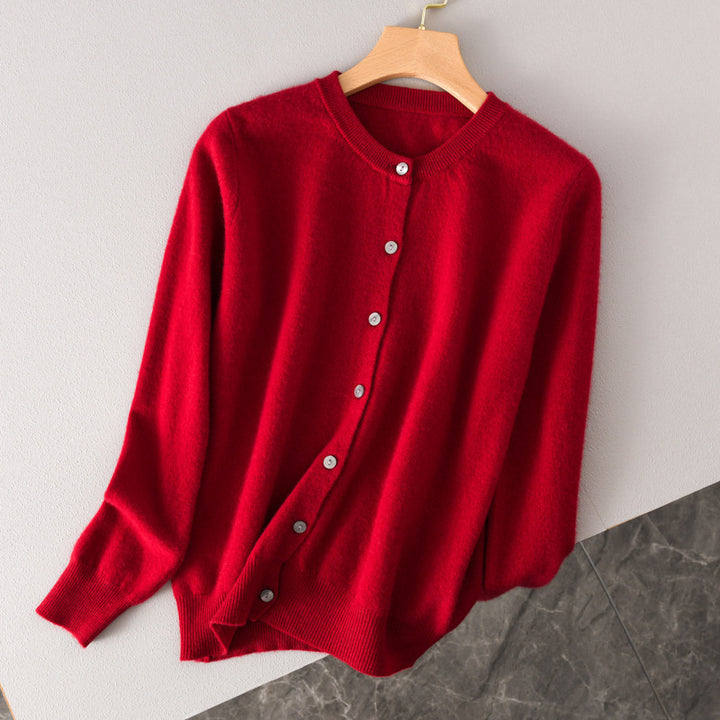 Women Lightweight Round Neck Button Cardigan in Cashmere Look with Fine Ribbed Edge and Casual Silhouette Mune Fashion