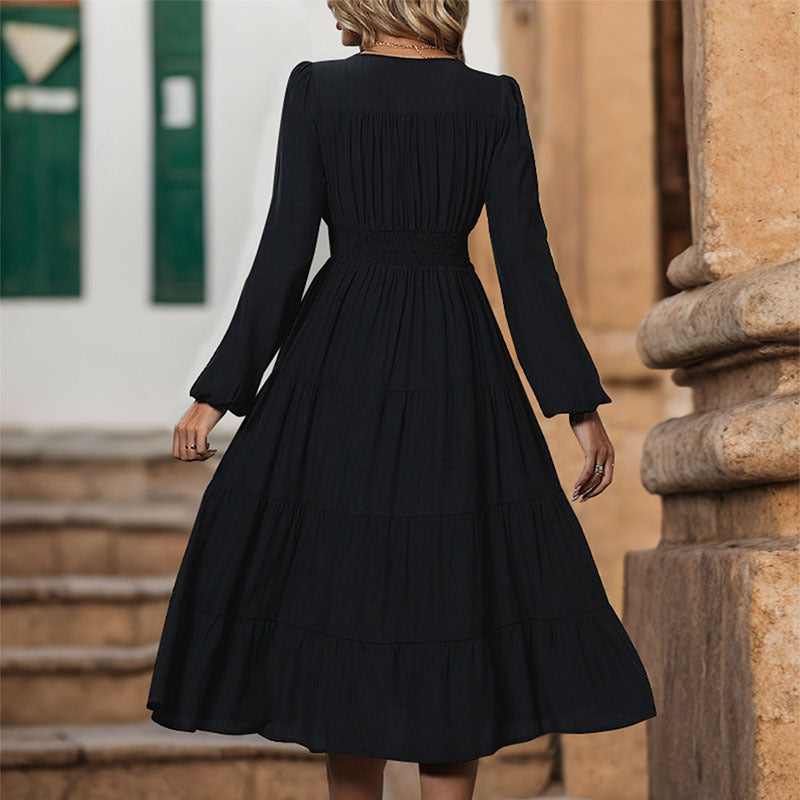Women Viscose-Look Tiered Dress with Continuous Button Placket, Fitted Empire Seam and Balloon Sleeves Mune Fashion