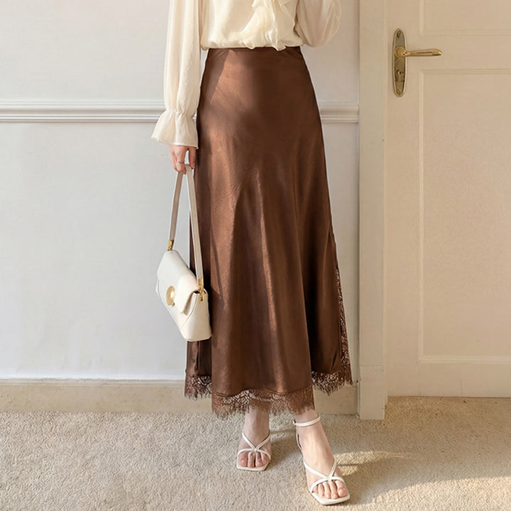 Women's satin midi skirt with delicate lace trim and flowing A-line down