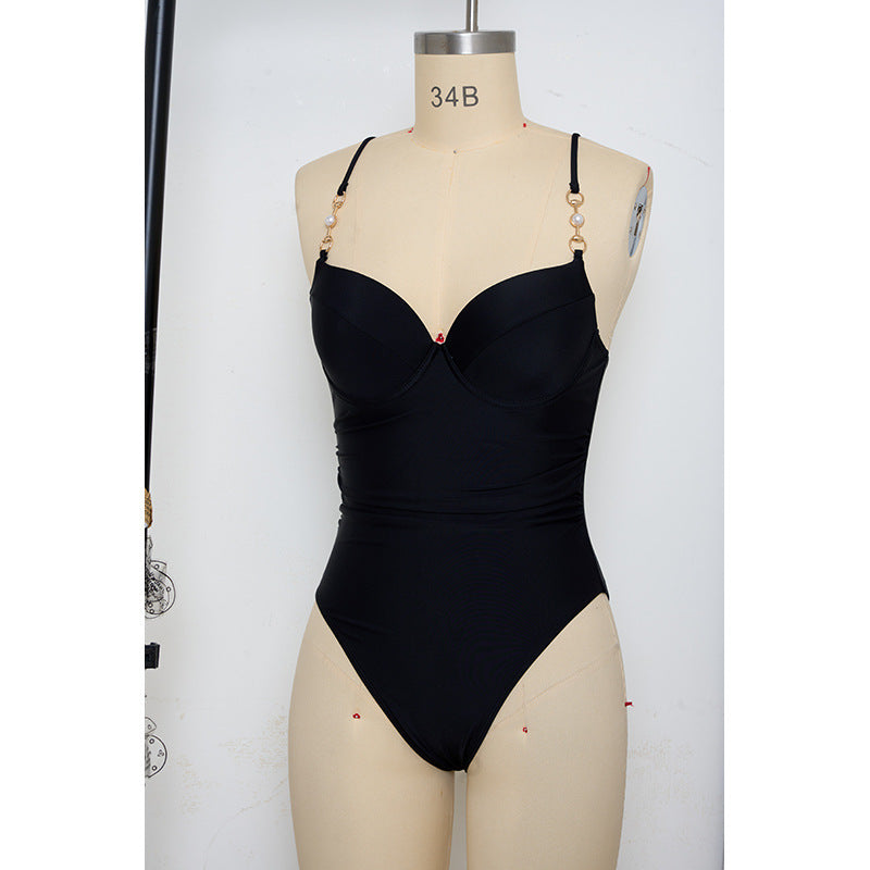 Women Elegant High-Cut One-Piece Swimsuit with Fashionable Buckles Mune Fashion