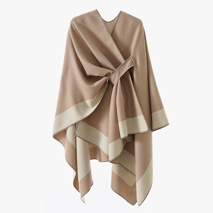 Women's loosely cut cape made of wool blend with tie belt and contrasting edges Mune Fashion