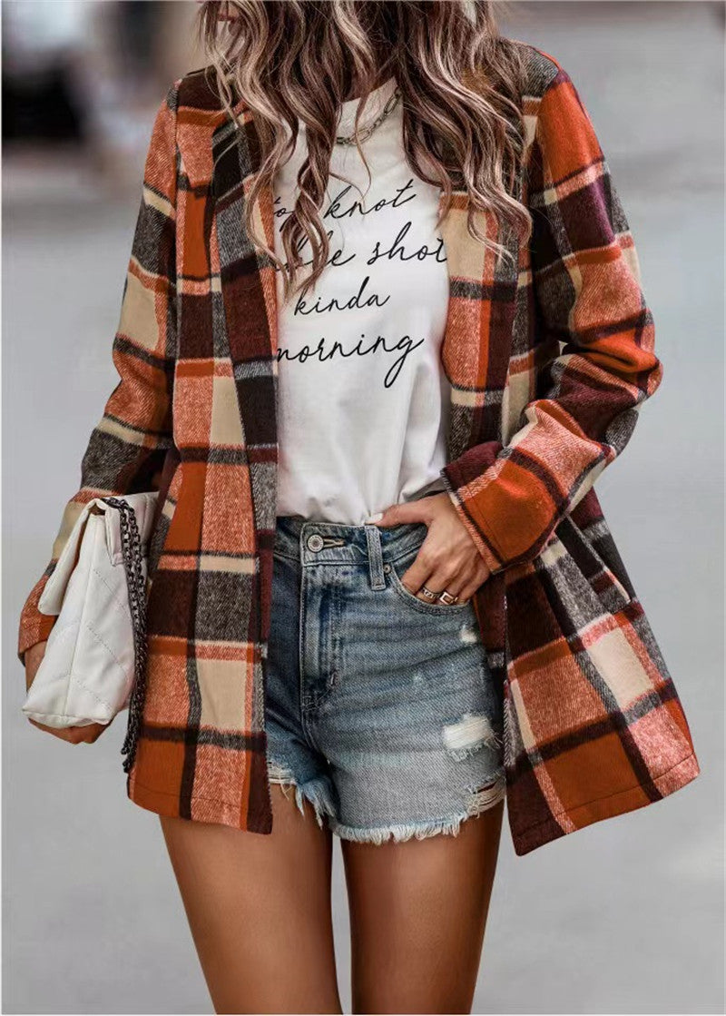 Women Checked Long Blazer Shacket Without Collar, Open Cut Mune Fashion