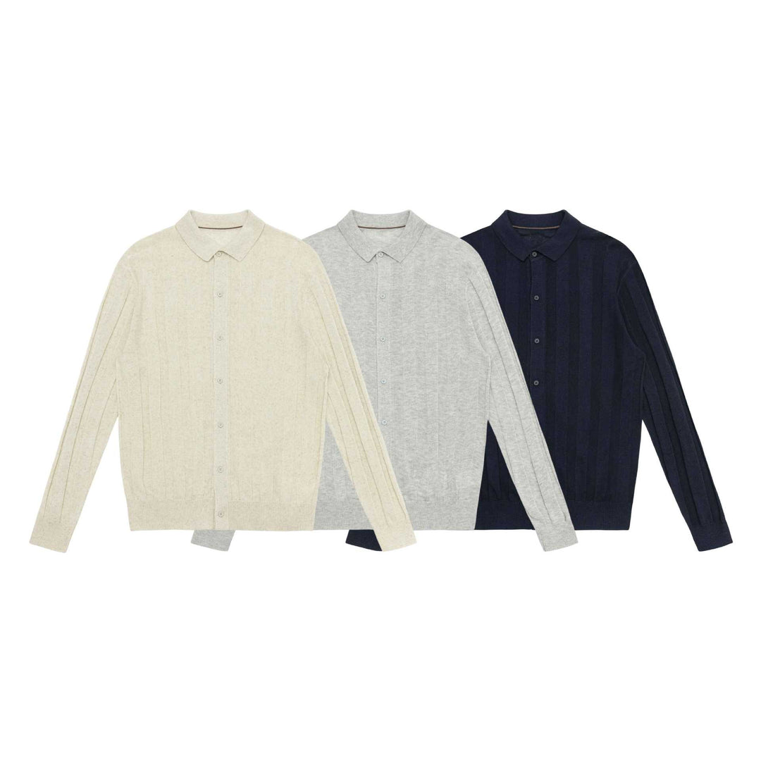 Unisex fine-structured knitted shirt jacket with polo collar and vertical ribbed structure Mune Fashion