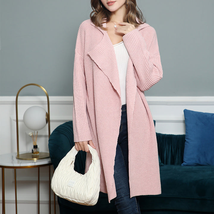Women's longer open ribbed knit cardigan with wide shawl collar Mune Fashion