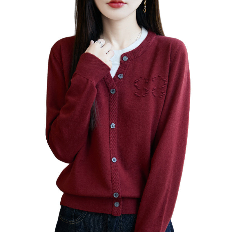 Women's Short Fine Knit Cardigan with V-slit Collar, Ribbed Trim and Subtle Structured Logo Mune Fashion