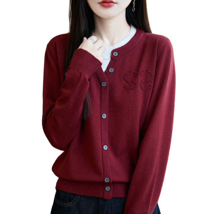Women's Short Fine Knit Cardigan with V-slit Collar, Ribbed Trim and Subtle Structured Logo Mune Fashion