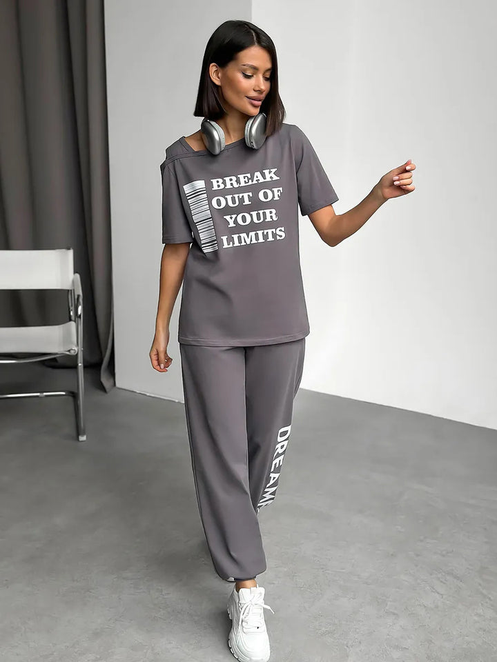 Women's casual lounge set with cut-out shoulder and statement print