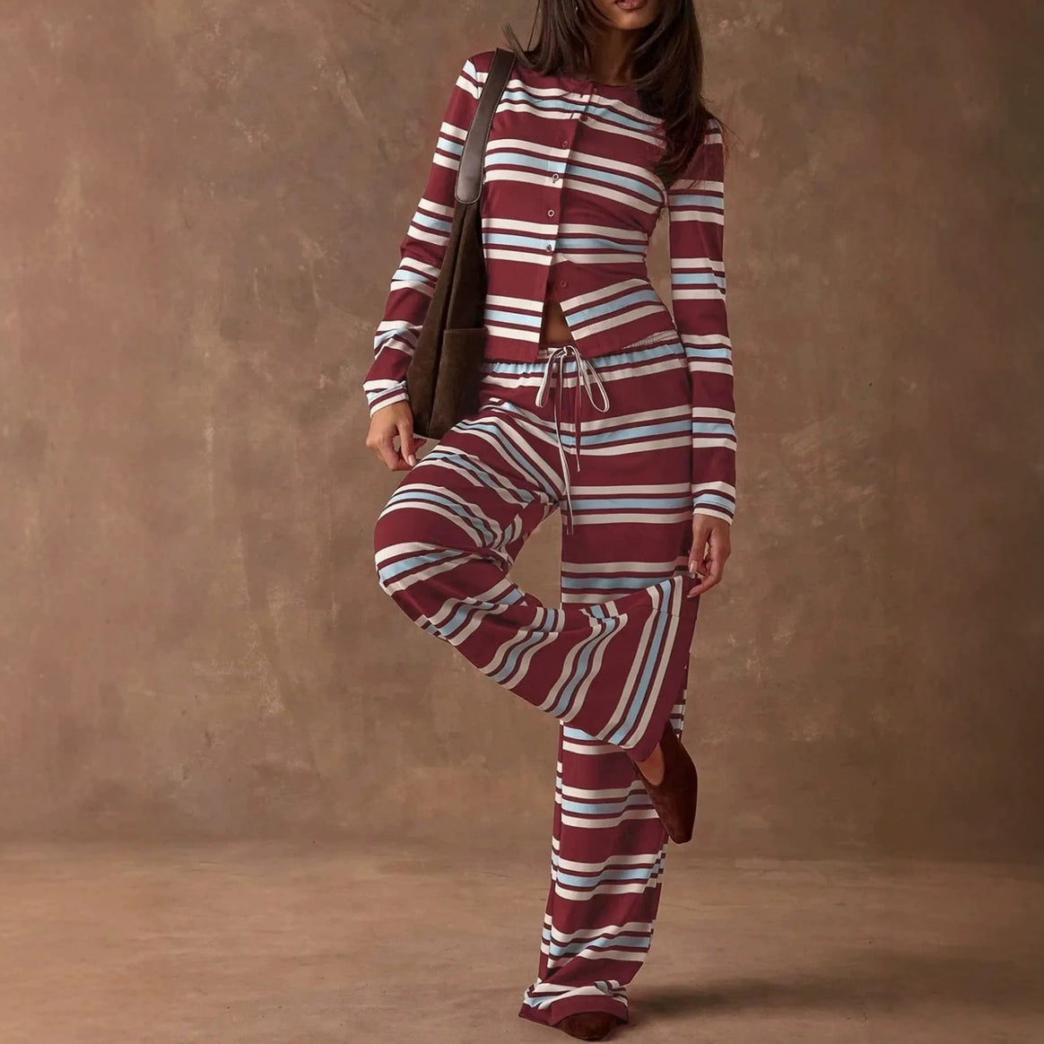 Ladies Striped Knit Lounge Set with Tailored Button Cardigan and Wide Palazzo Pants Mune Fashion