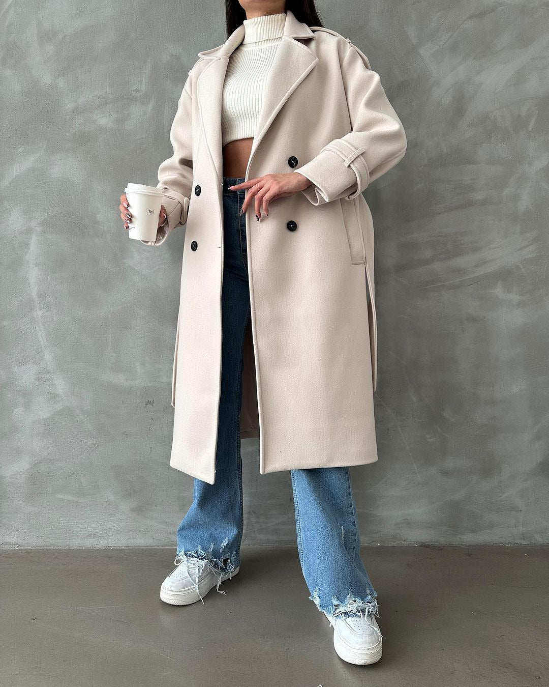 Women's Oversized Wool Blend Coat with Double-Breasted Button Placket and Waist Belt Mune Fashion