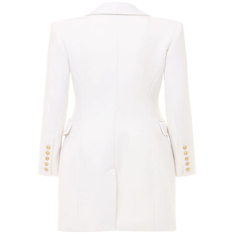 Women Narrow Cut Double-Breasted Wool Blend Long Coat with Distinctive Shoulder and Golden Decorative Round Buttons Mune Fashion