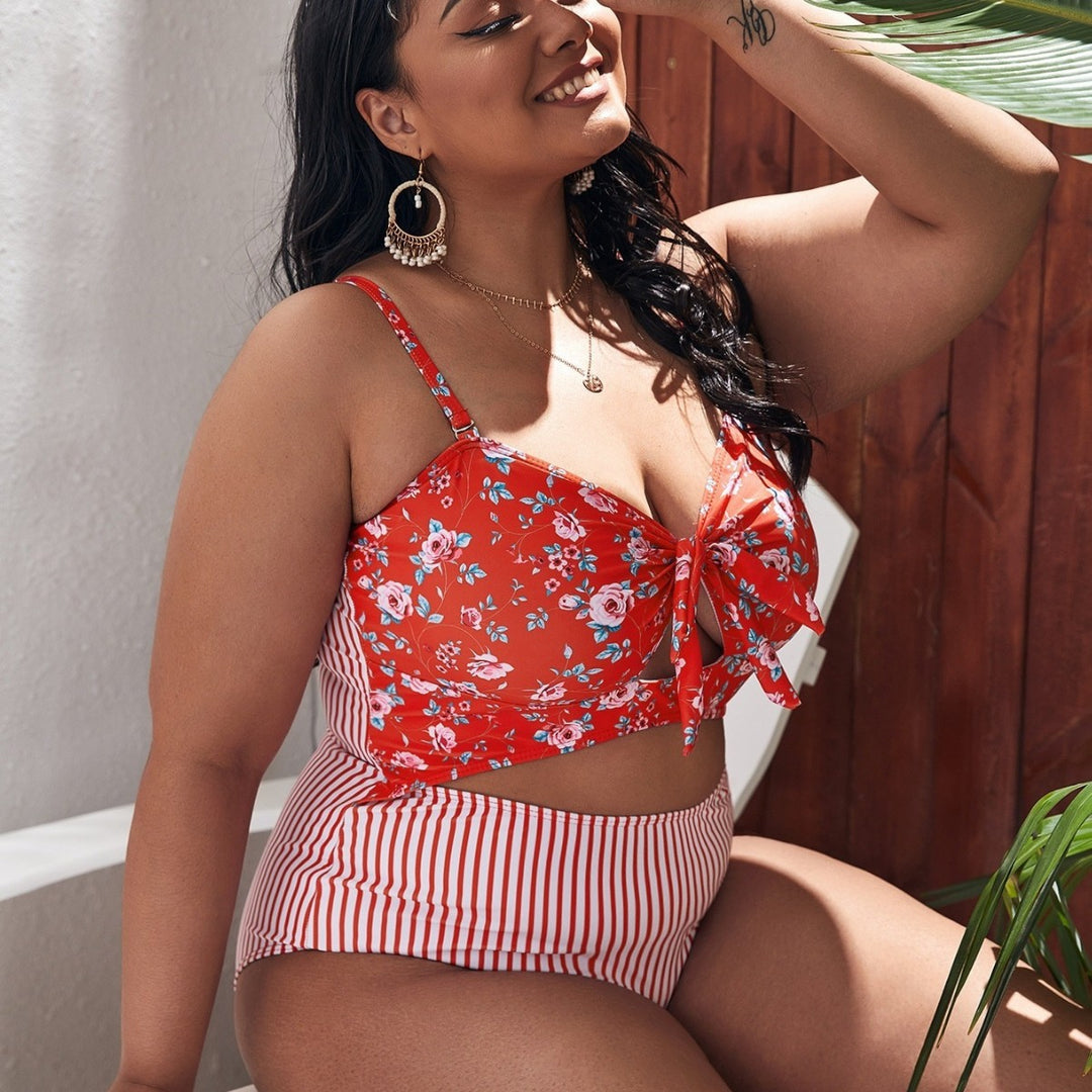 Women's bikini set with playful floral top and striped bottom Mune Fashion