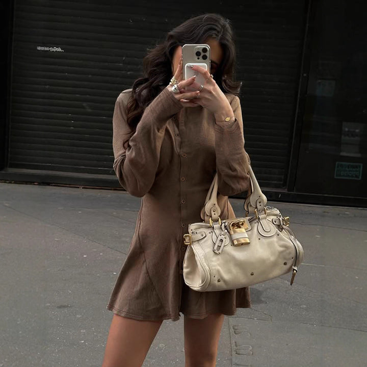 Women nan tailored ribbed knit shirt dress with shirt collar, full button placket and flared pointed hem Mune Fashion