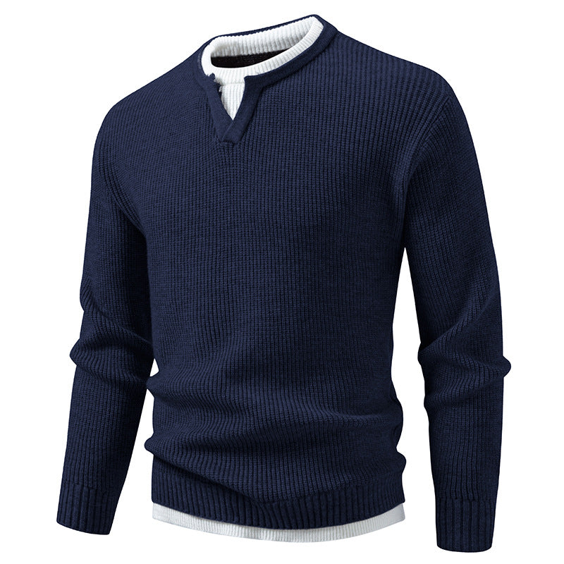 Men's Ribbed Knit Sweater with V-Notch and Layered Look Mune Fashion