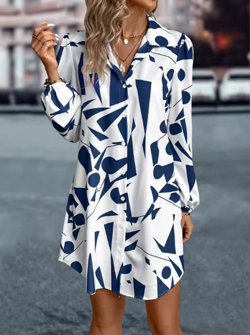 Women's oversized shirt mini with graphic print, shirt collar and balloon sleeves Mune Fashion
