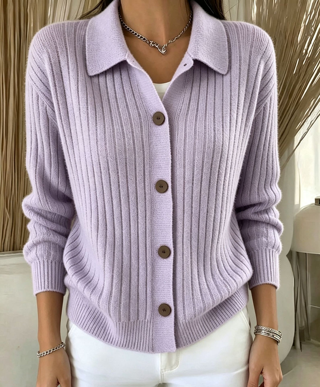 Women's Fine Ribbed Button Cardigan with Shirt Collar and Boxy Silhouette Mune Fashion