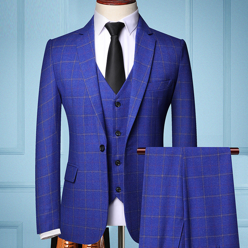 Men's Three-Piece Slim-Fit Suit with Vest and Fine Checkered Pattern Mune Fashion