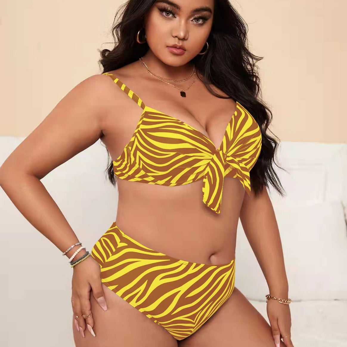 Women's bikini set with fashionable zebra pattern and adjustable knot Mune Fashion