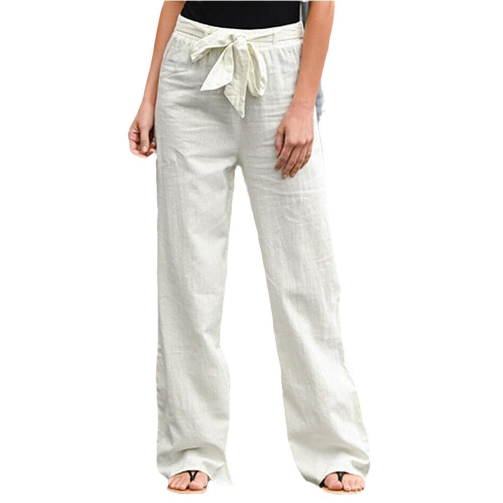 Women's loose linen pants with drawstring waistband, straight leg and side pockets Mune Fashion