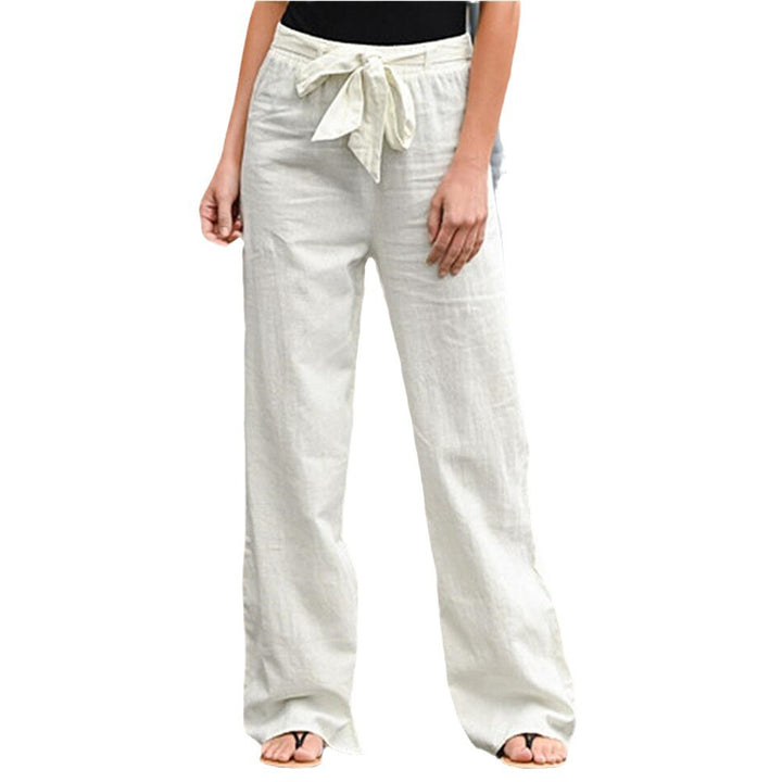 Women's loose linen pants with drawstring waistband, straight leg and side pockets Mune Fashion