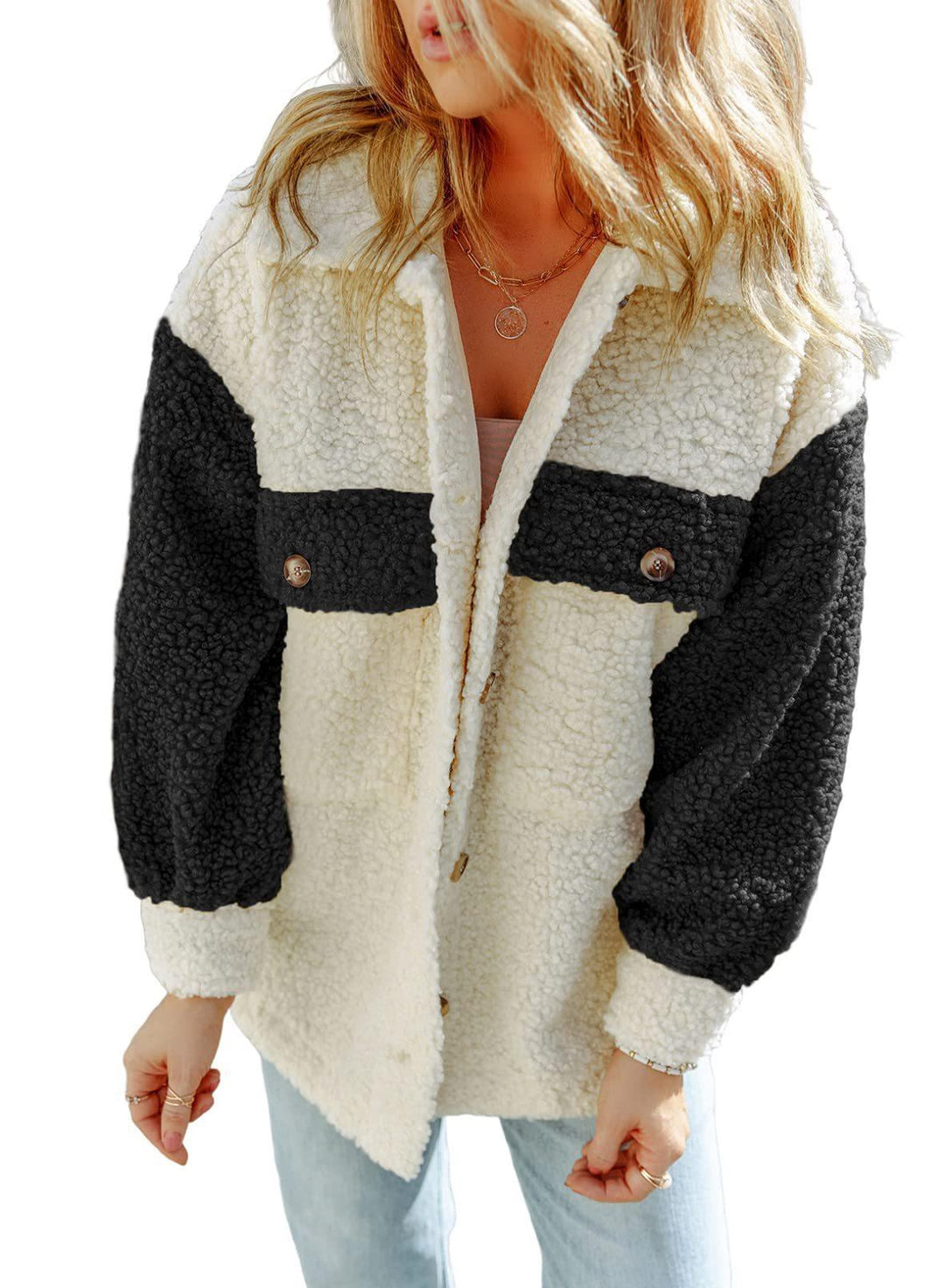 Women's oversized Teddy shirt jacket with contrast stripes, applied chest pockets and visible button placket Mune Fashion