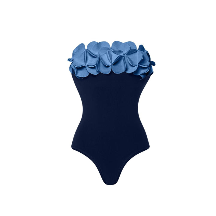 Ladies swimsuit with asymmetric cut and floral appliqués Mune Fashion
