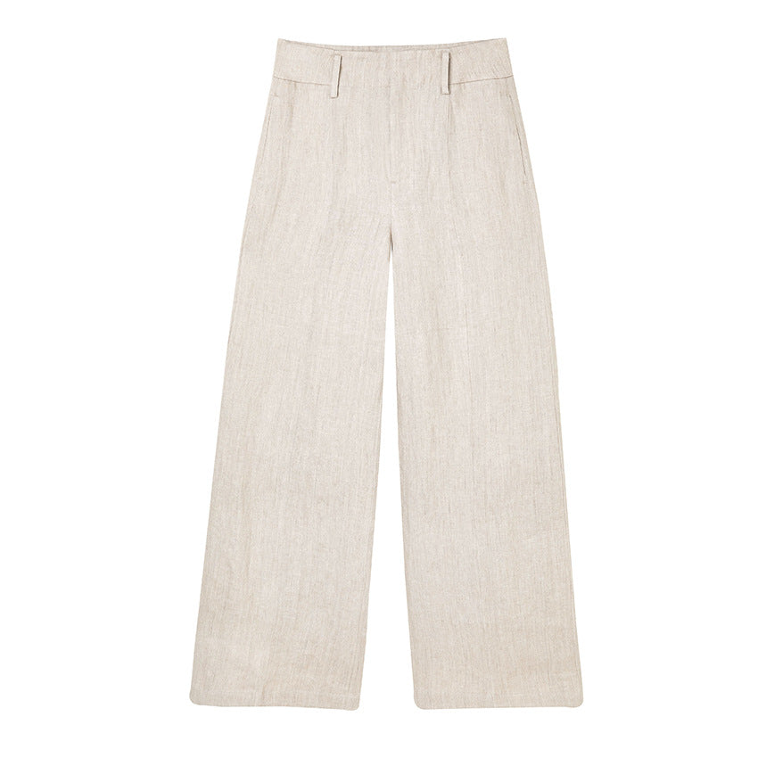 Women High-waisted Linen Trousers with Wide Leg, Crease and Belt Loops Mune Fashion