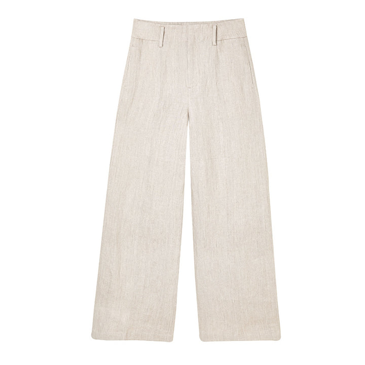 Women High-waisted Linen Trousers with Wide Leg, Crease and Belt Loops Mune Fashion