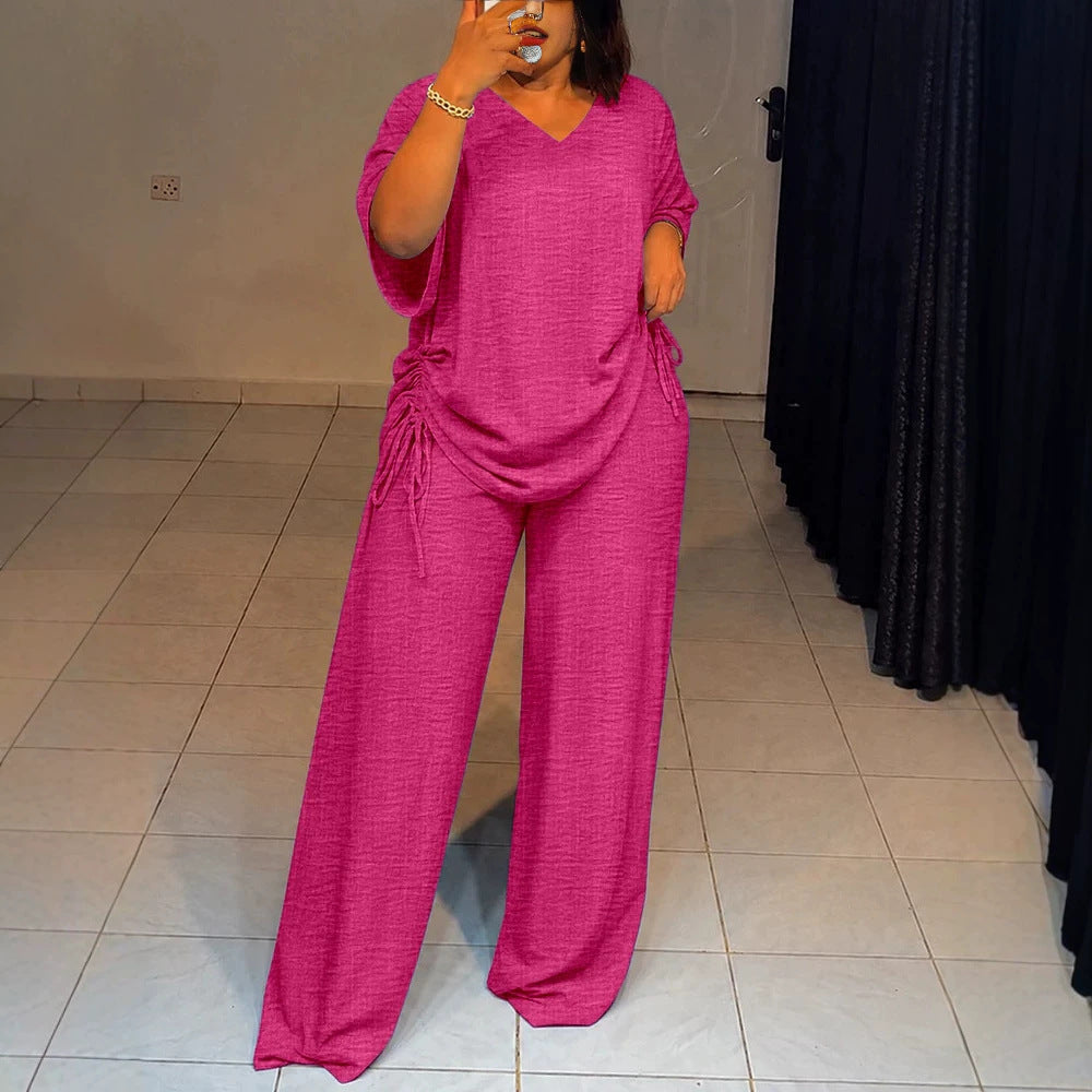 Women's Oversize Lounge Set with V-neck, side gathering, and wide palazzo pants Drune
