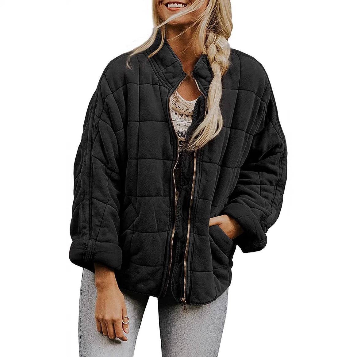 Women's Oversize Quilted Jacket with Zipper and Side Pockets Mune Fashion