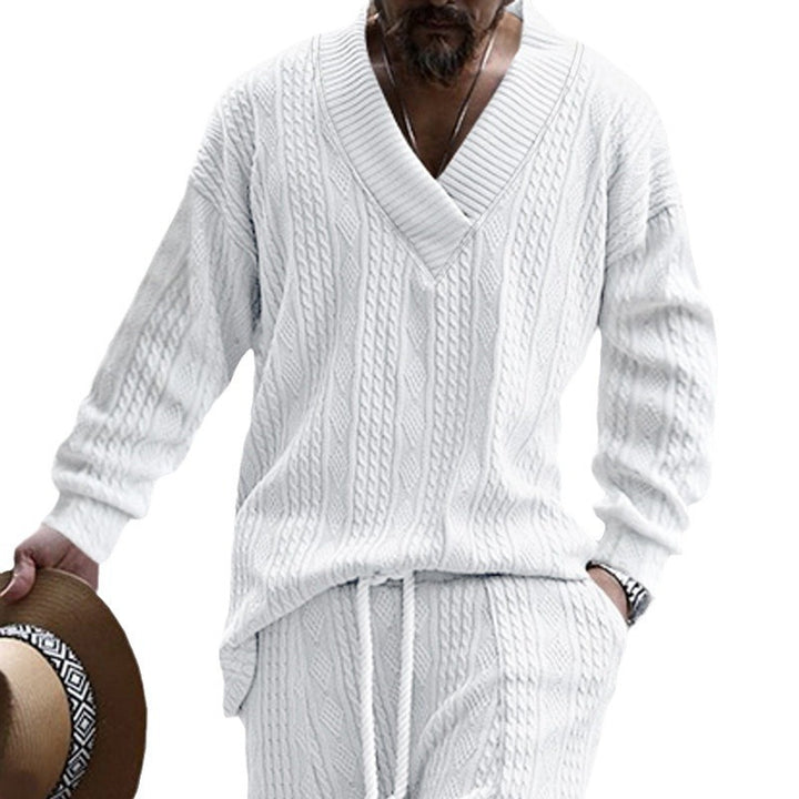 Men's Cable Knit Loungewear Set with Deep V-Neck, Relaxed Fit & Drawstring Pants Mune Fashion