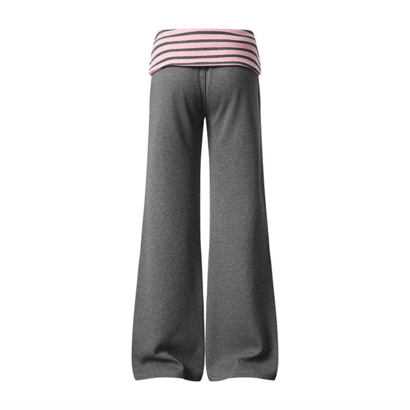 Women's Wide Loungewear Pants with Cuffable Striped Waistband and Decorative Buttons Mune Fashion